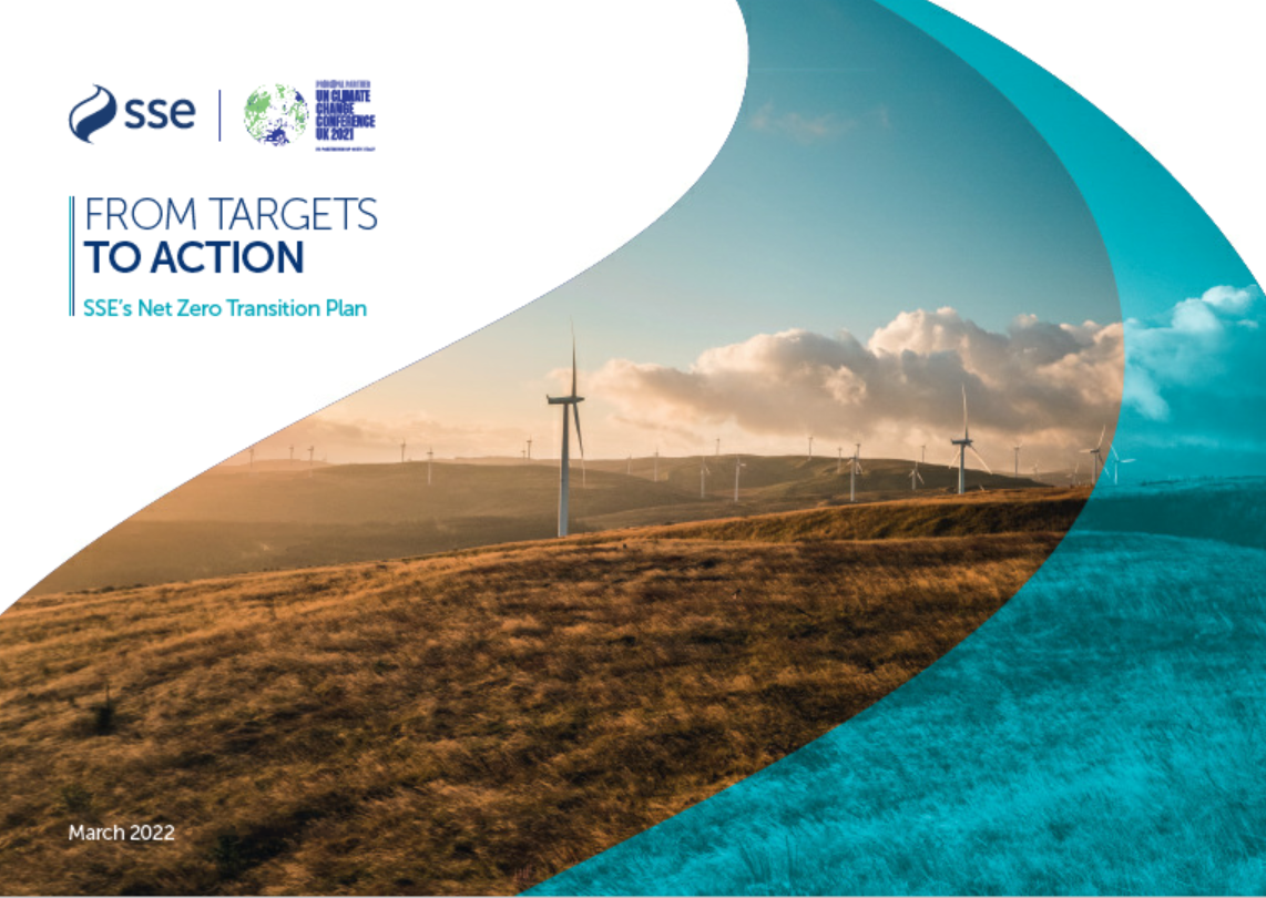 Branded image of a field with text stating 'From targets to action - SSE's Net Zero Transition Plan' in reference to SSE's sustainability science-based targets 