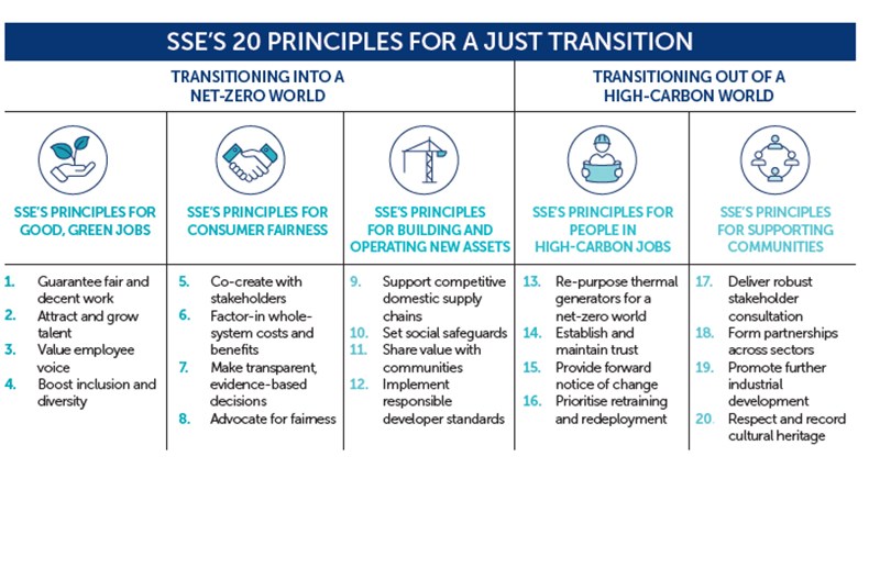 A table showing a list of SSE's 20 principles for a Just Transition from their Just Transition Strategy - see more in the Just Transition video.